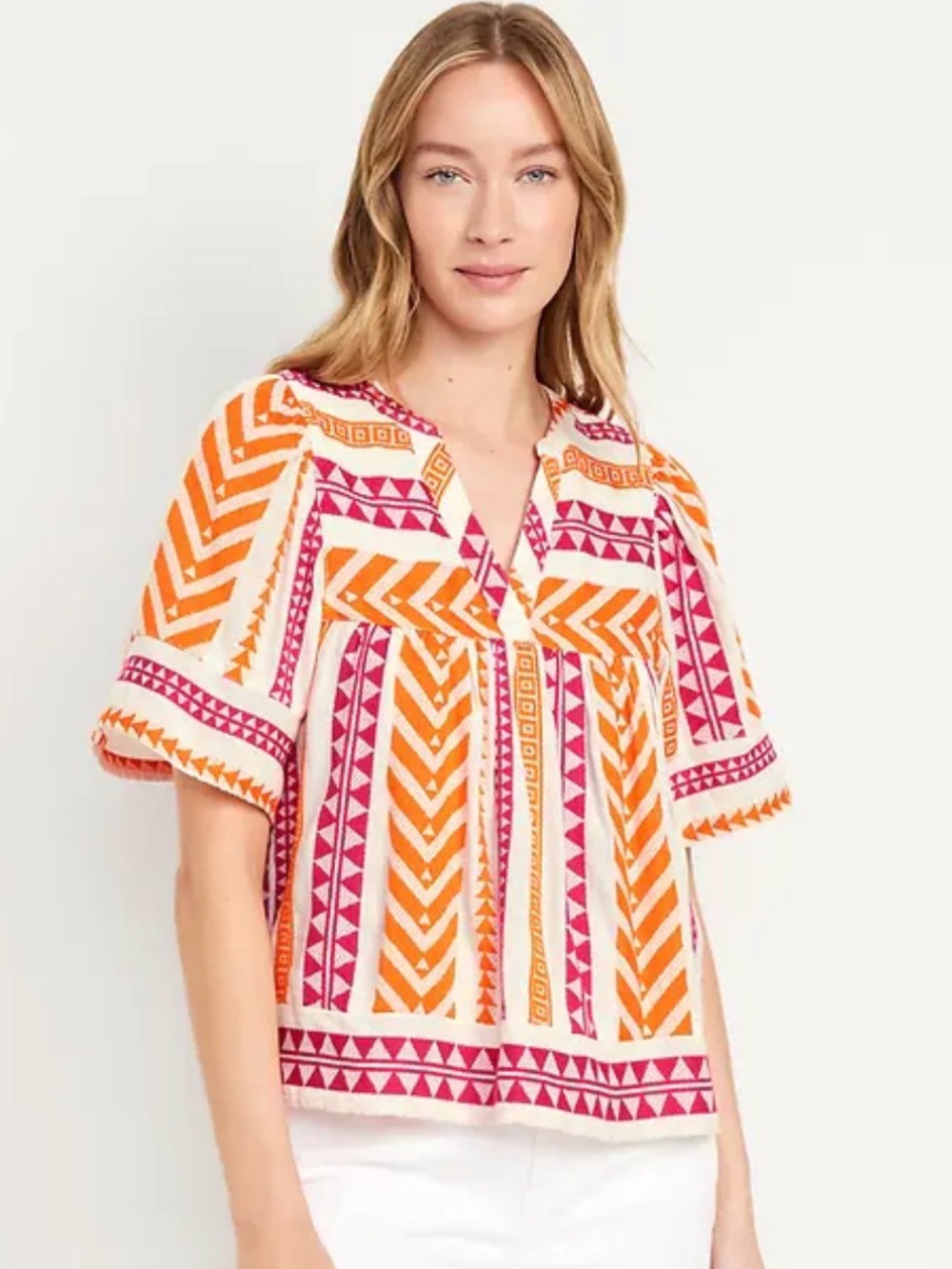 NWT Old Navy Boho Pink Orange Geometric Jacquard Flutter Sleeve Split Neck Top L